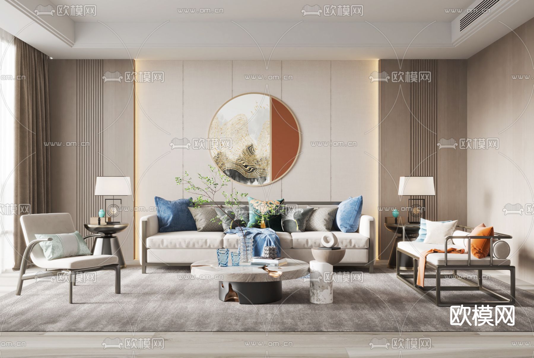 新中式布艺组合沙发3d模型