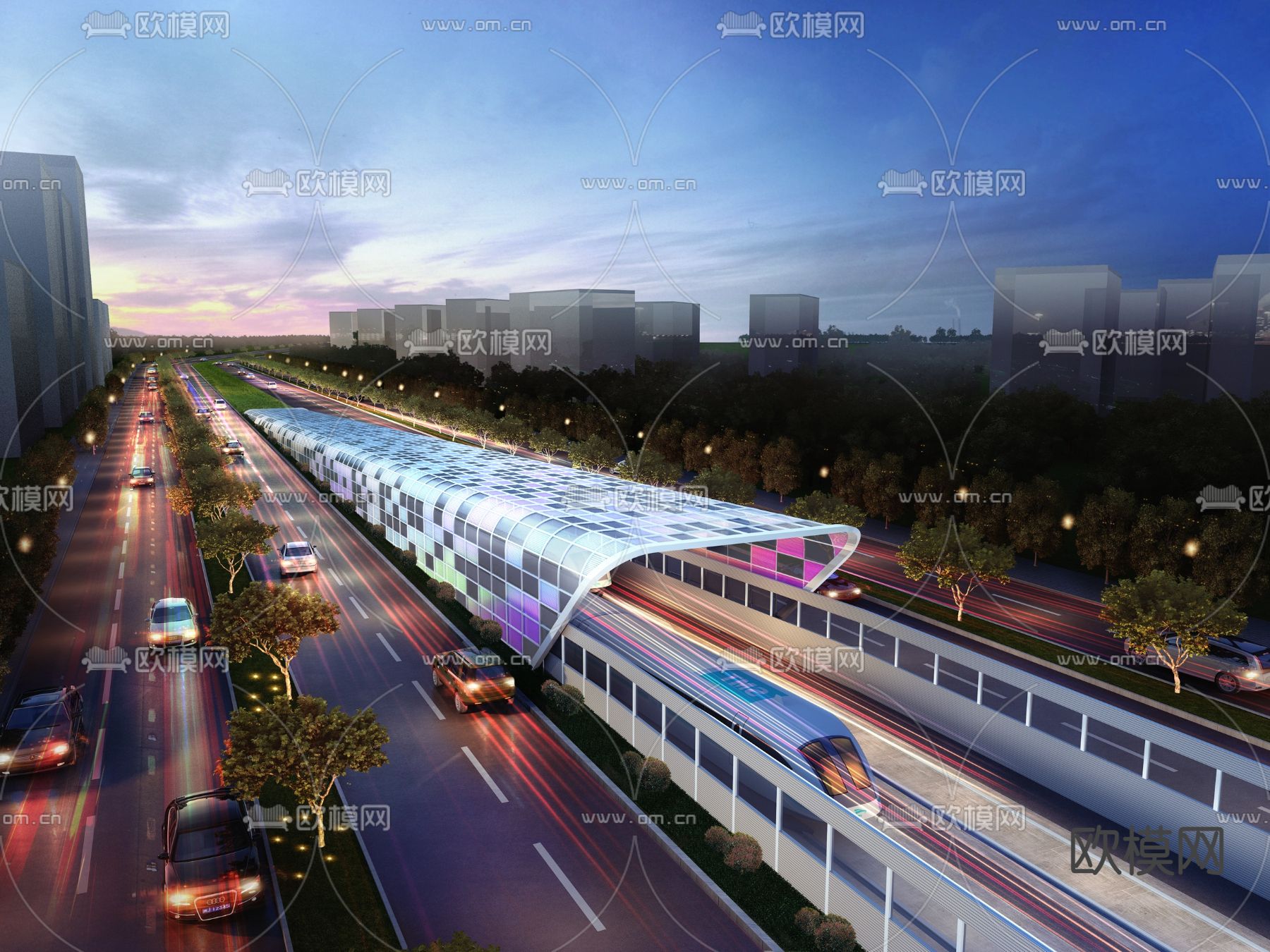 现代地铁轻轨夜景3d模型下载