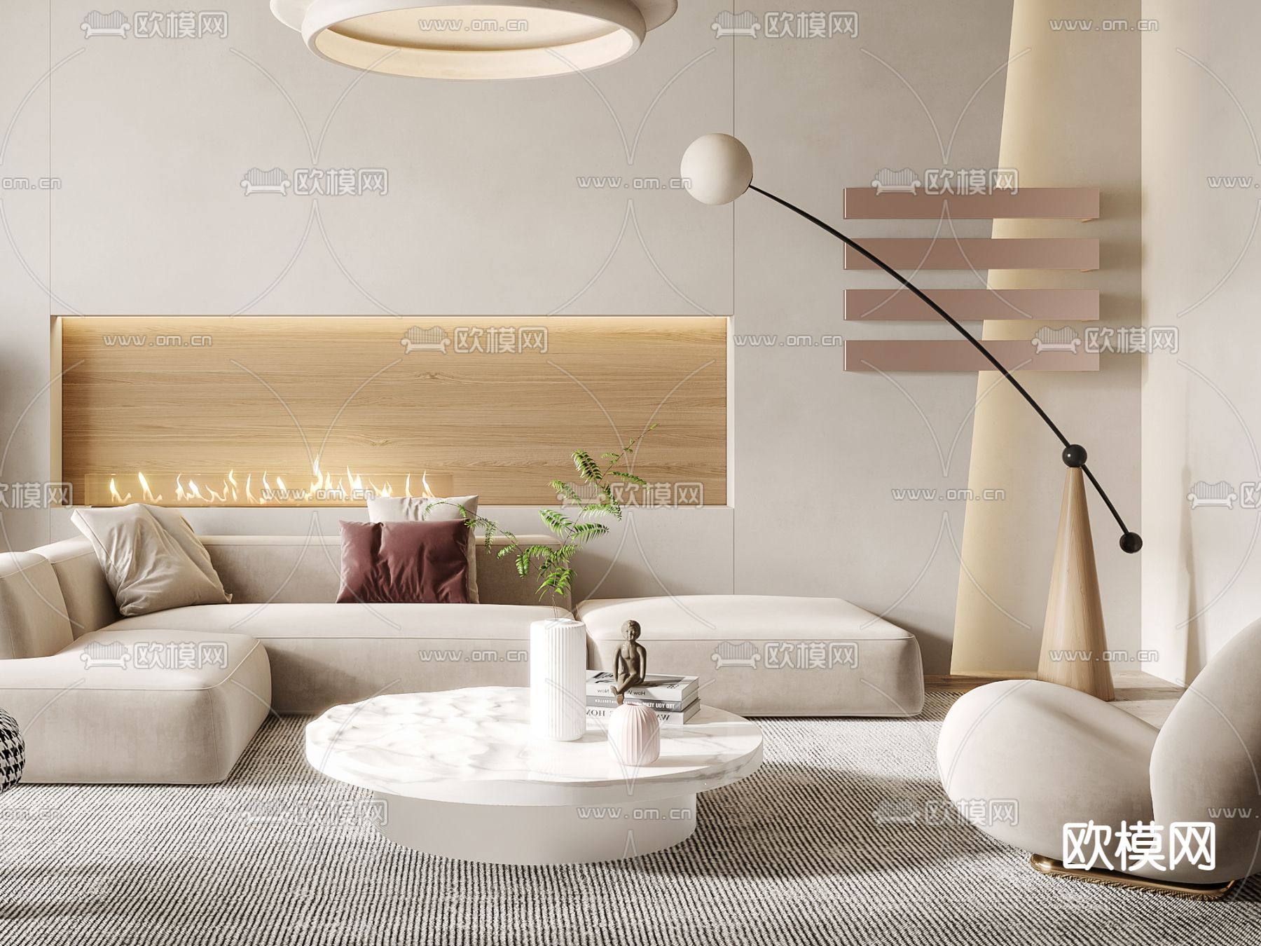 侘寂布艺转角沙发组合3d模型下载（渲染图2）