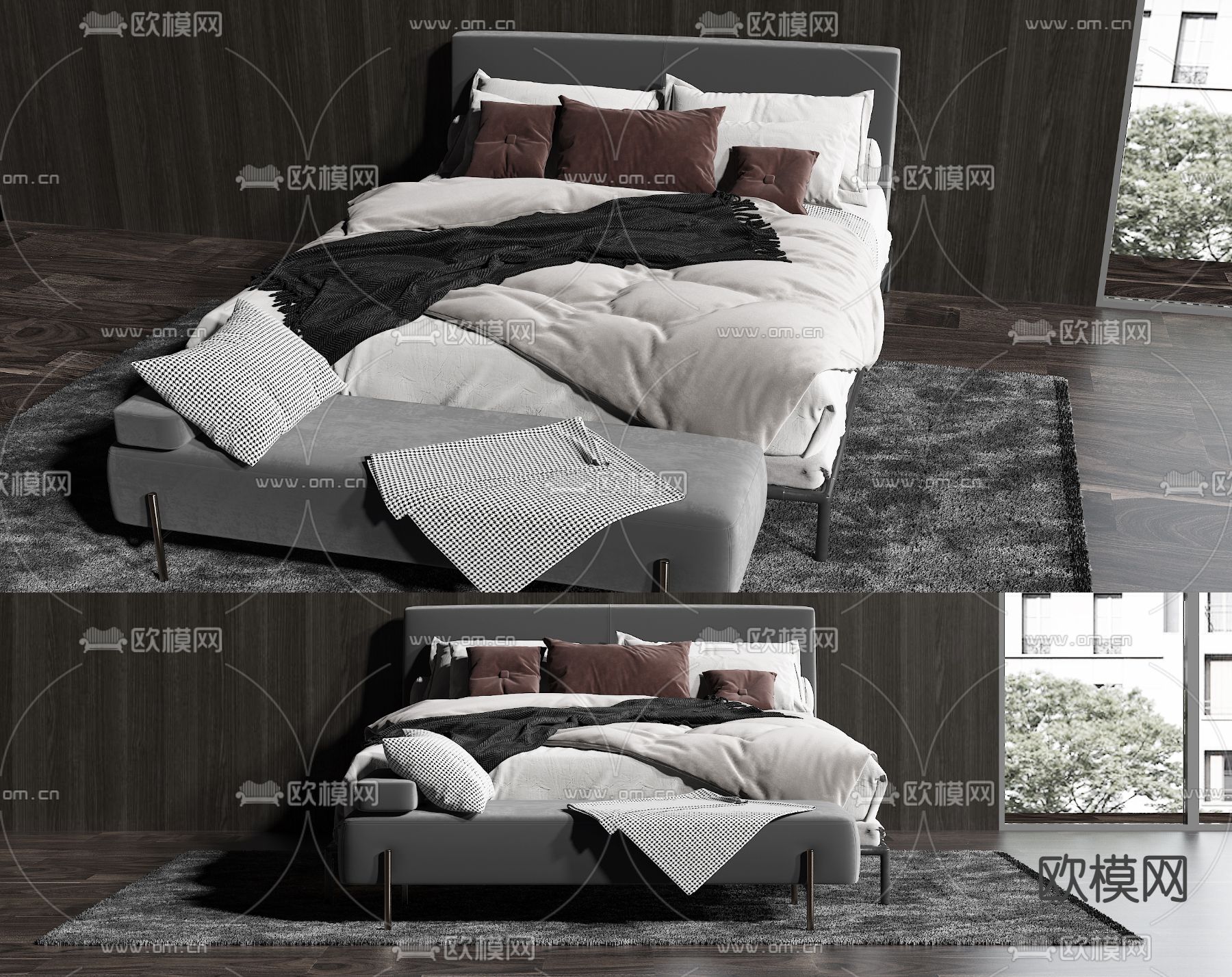 现代布艺双人床3d模型下载