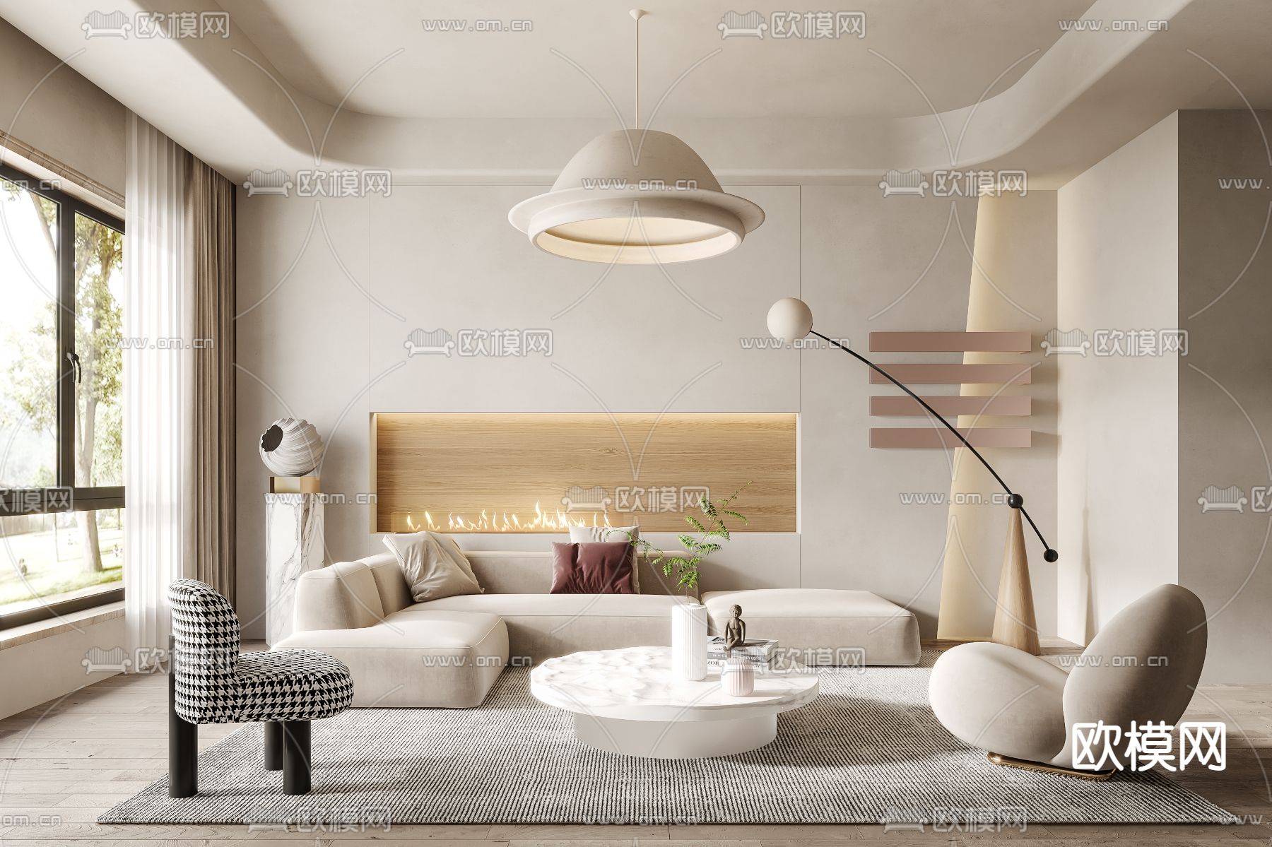 侘寂布艺转角沙发组合3d模型下载（渲染图1）