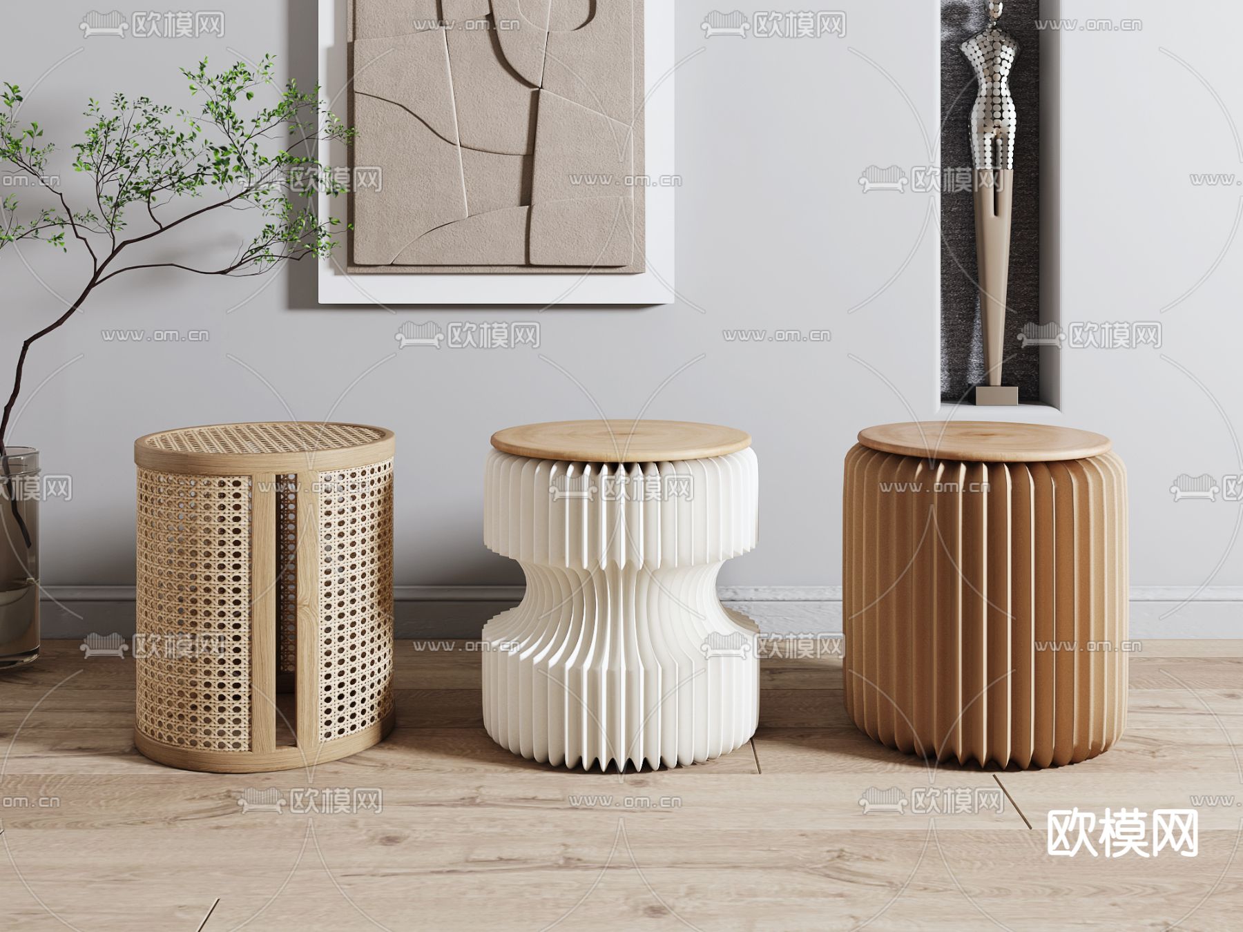 北欧原木凳子3d模型下载