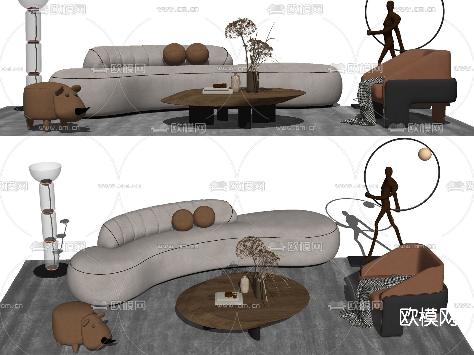 现代布艺沙发组合su模型下载（渲染图2）