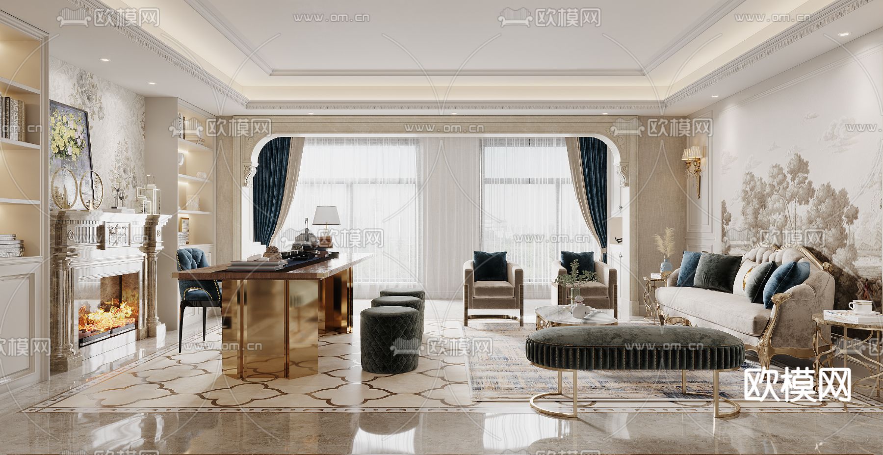 法式轻奢客厅3d模型下载（渲染图1）