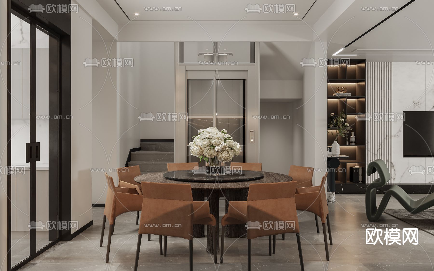 现代轻奢客厅餐厅3d模型下载（渲染图2）