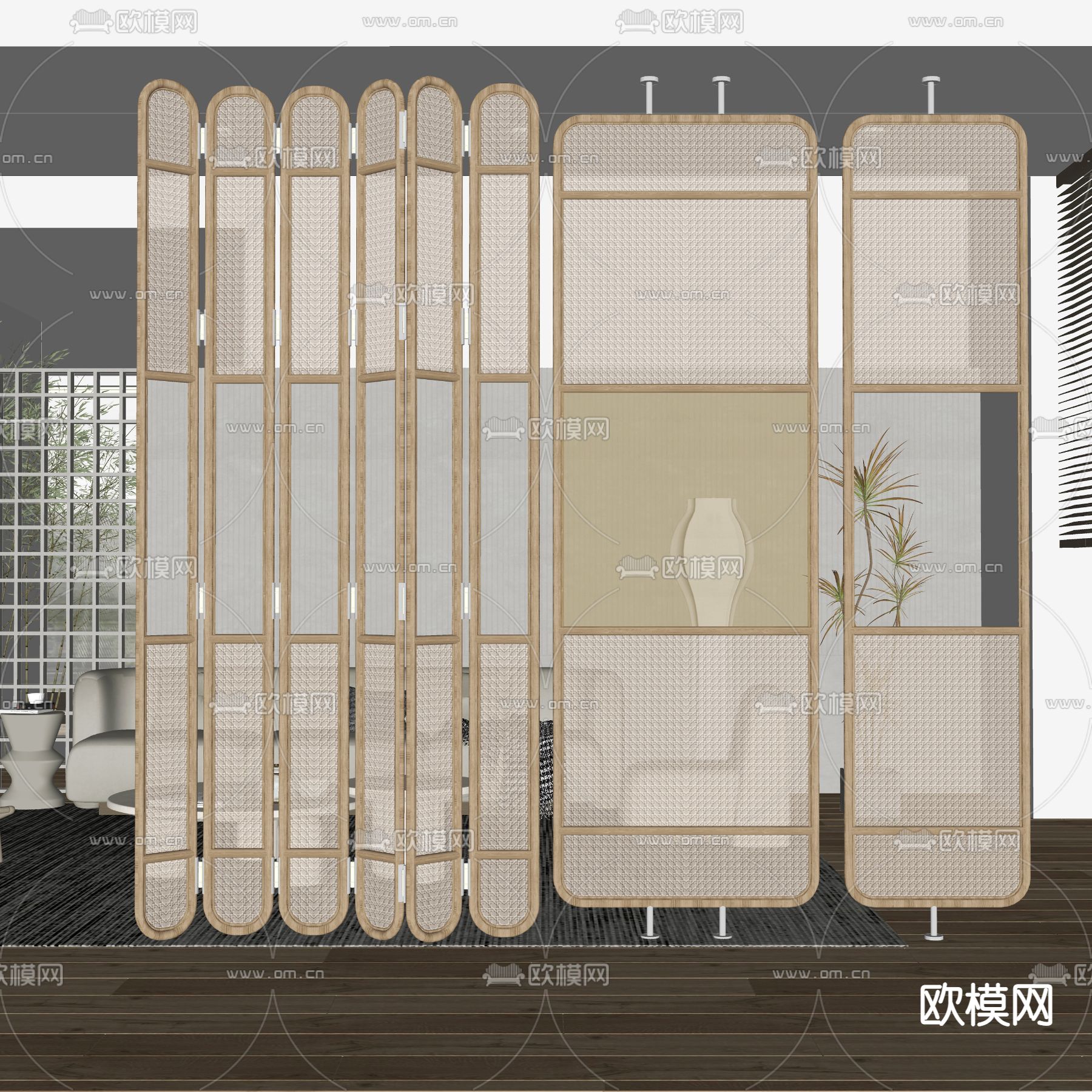 侘寂风编藤屏风隔断su模型下载（渲染图2）
