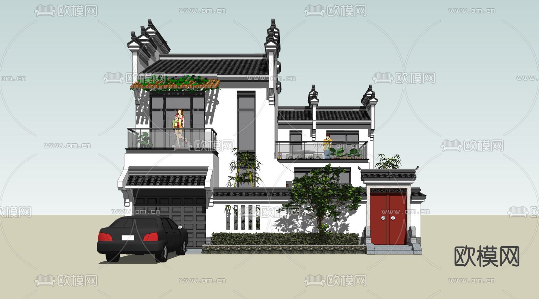 中式住宅建筑su模型下载（渲染图2）