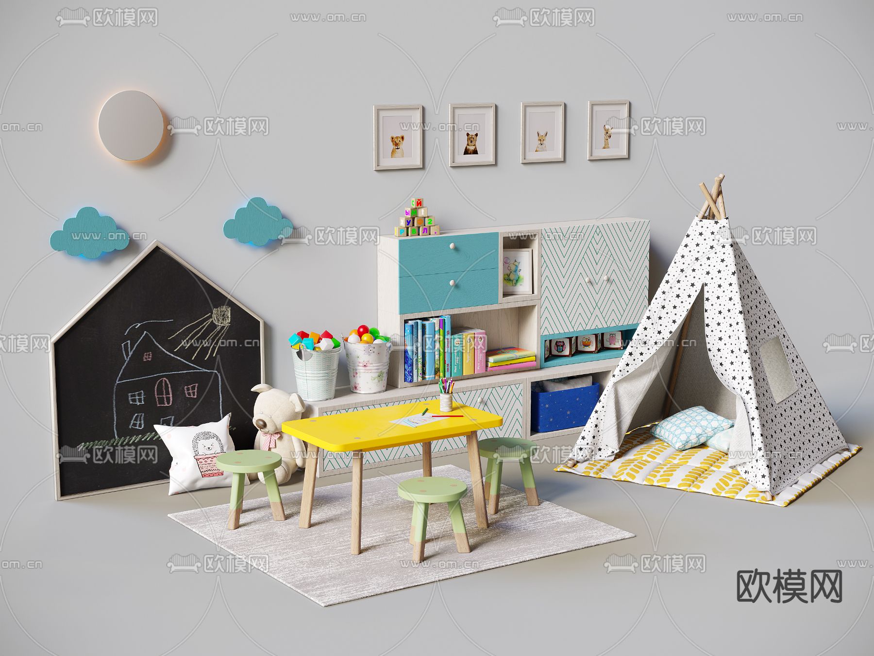 北欧儿童桌椅帐篷儿童柜3d模型下载