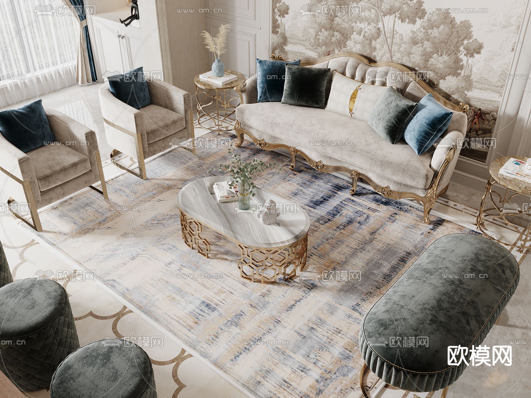 法式轻奢客厅3d模型下载（渲染图2）