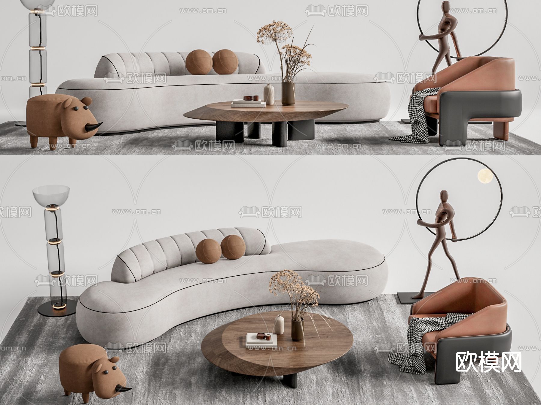 现代布艺沙发组合su模型下载（渲染图1）