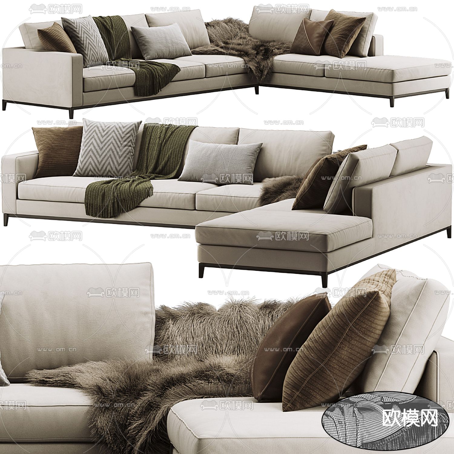 现代布艺转角沙发3d模型下载