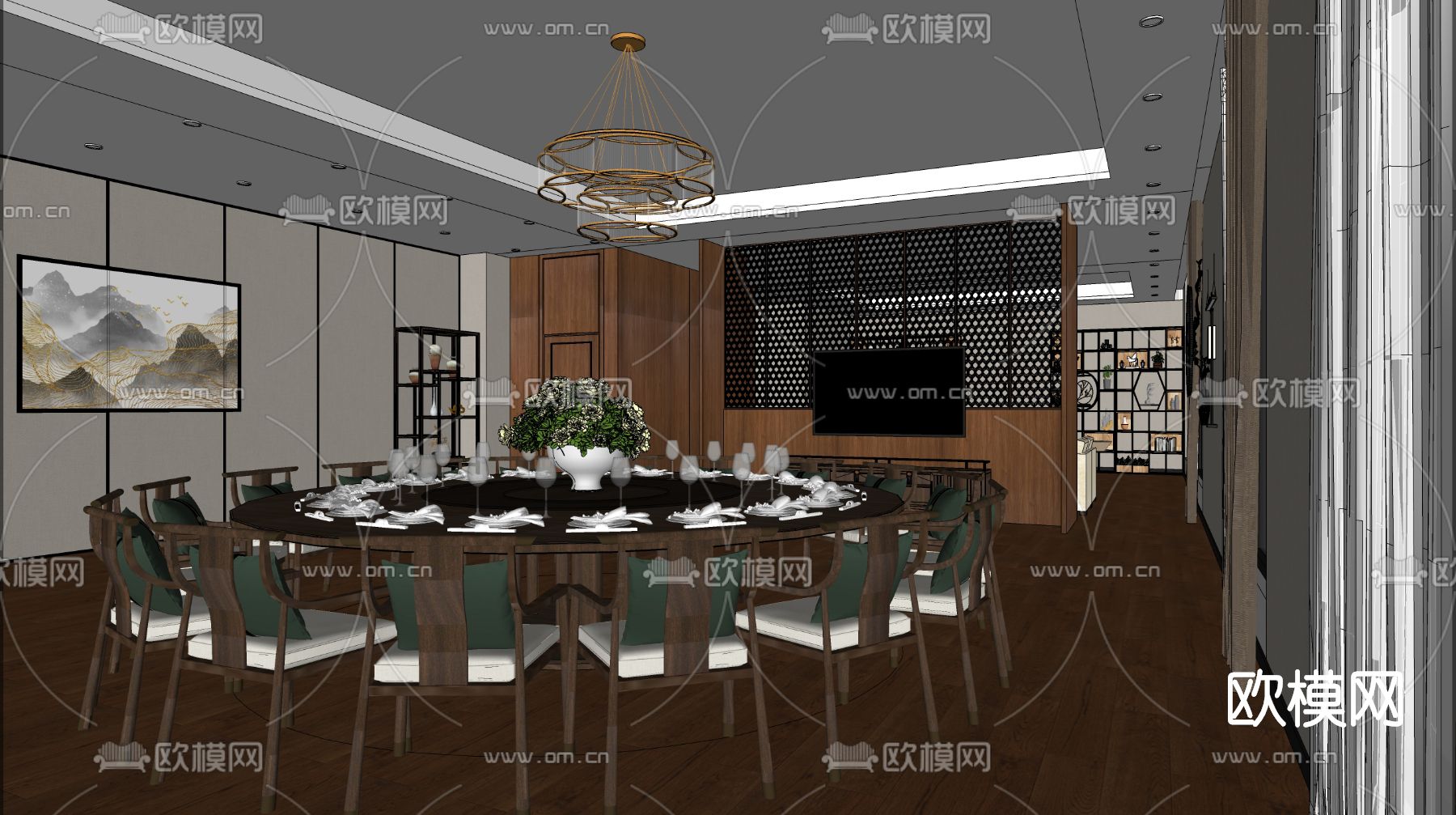 新中式餐厅包厢su模型下载（渲染图2）