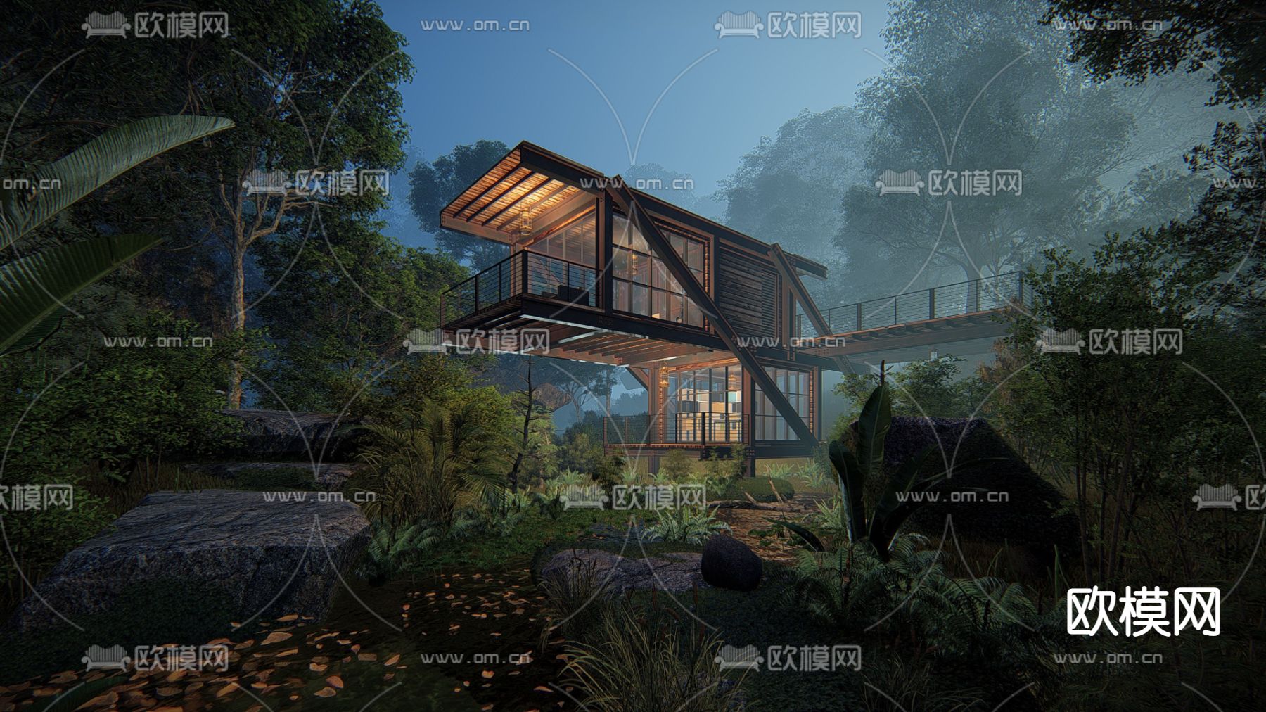 现代户外轻钢别墅su模型下载（渲染图1）