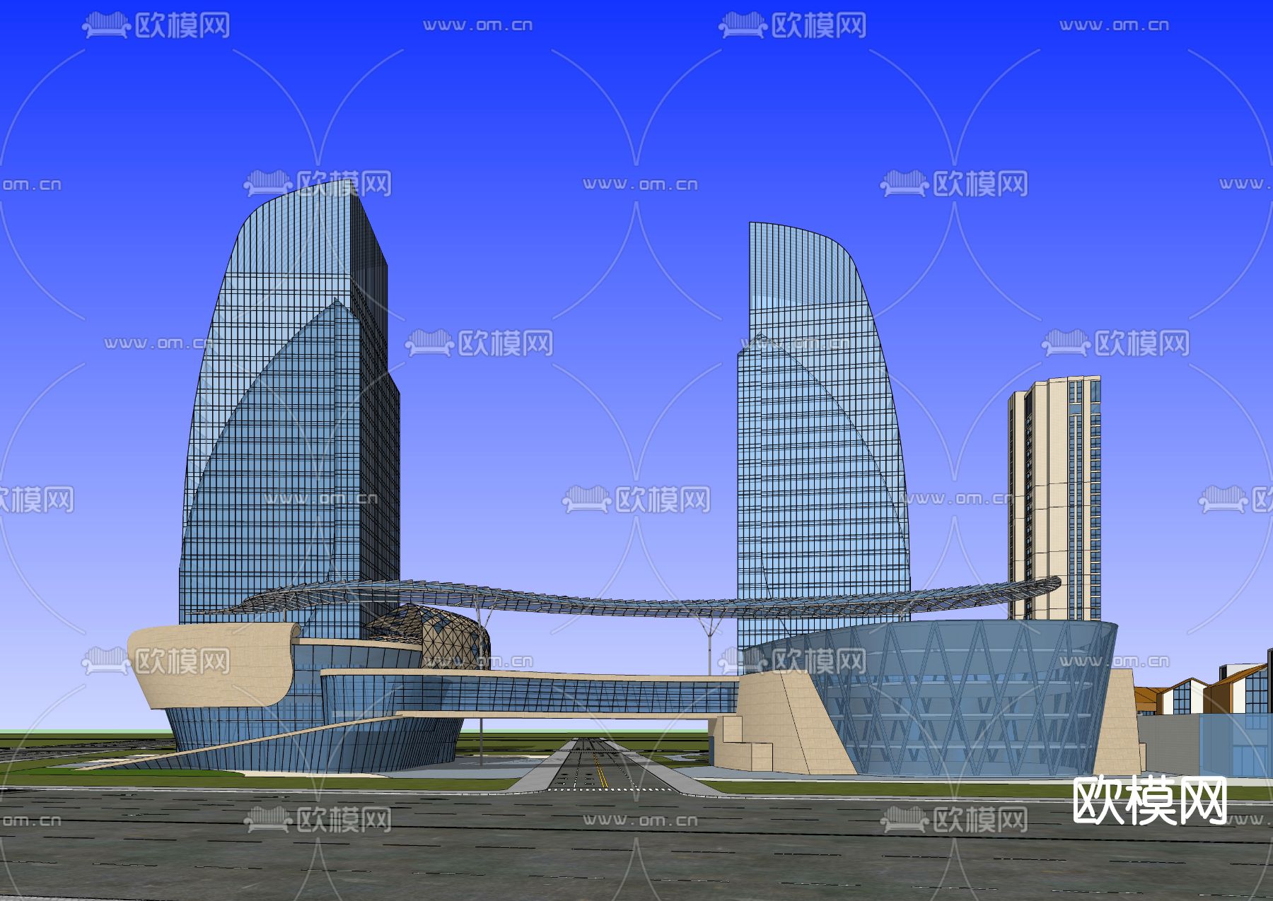 现代商业综合楼鸟瞰su模型下载（渲染图2）