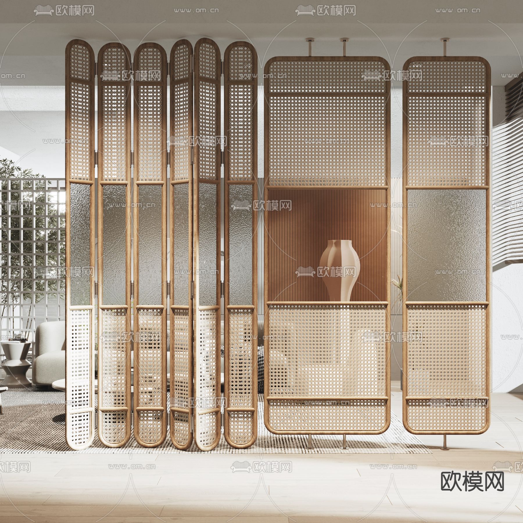 侘寂风编藤屏风隔断su模型下载（渲染图1）