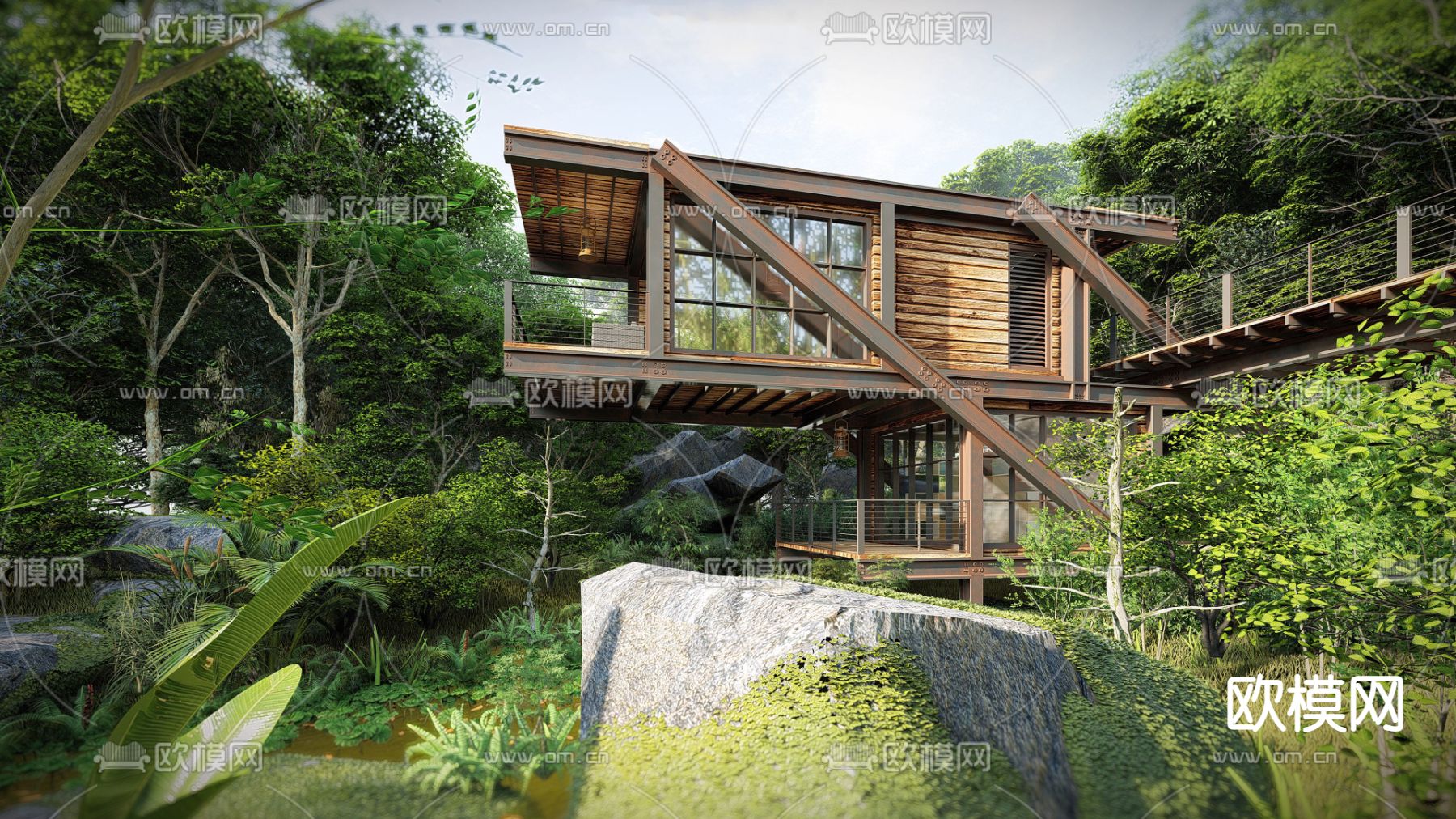 现代户外轻钢别墅su模型下载（渲染图4）