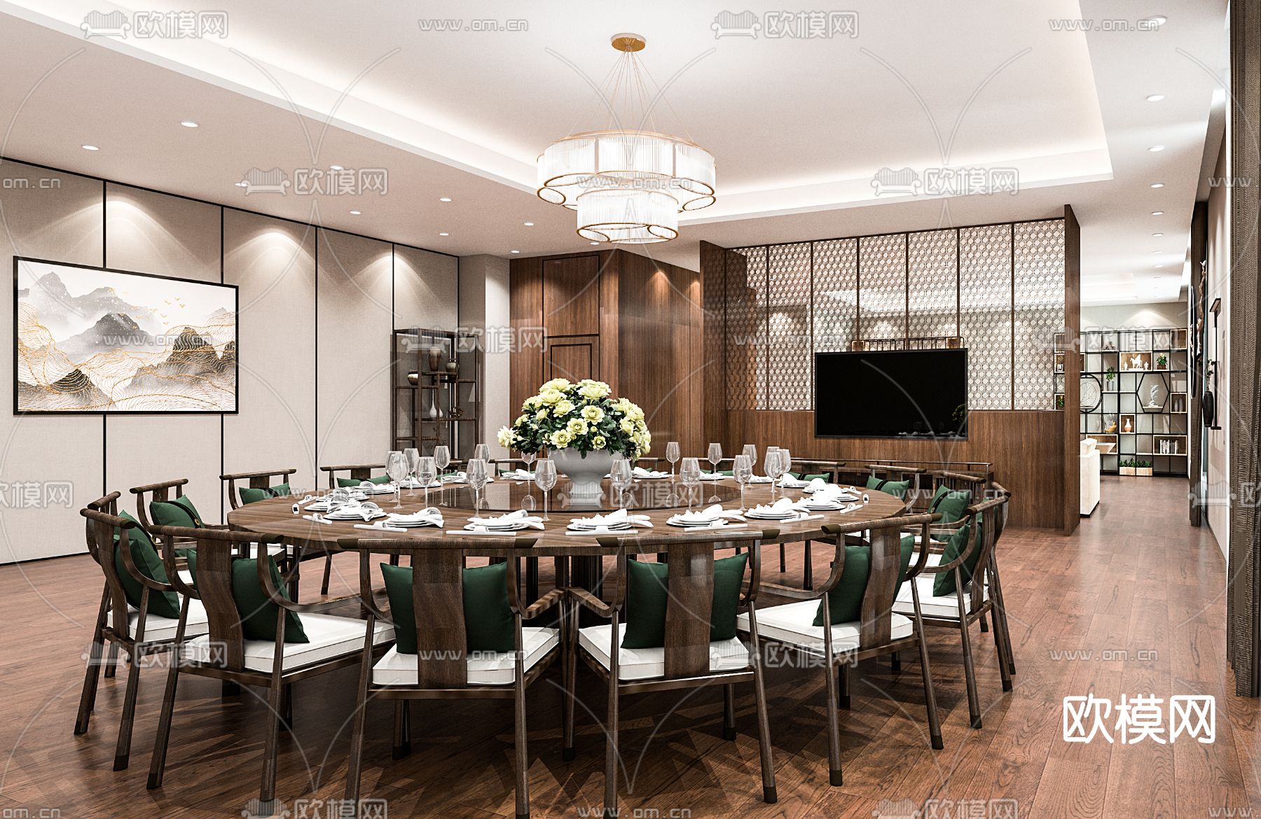 新中式餐厅包厢su模型下载（渲染图1）