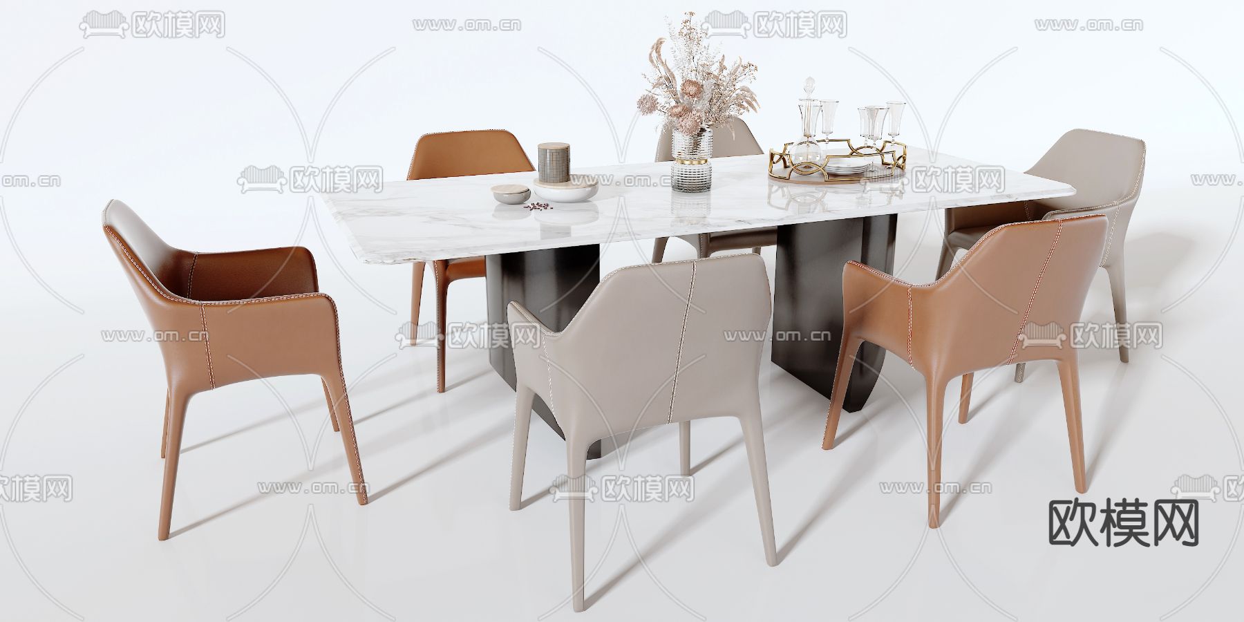 现代大理石餐桌椅3d模型下载（渲染图1）