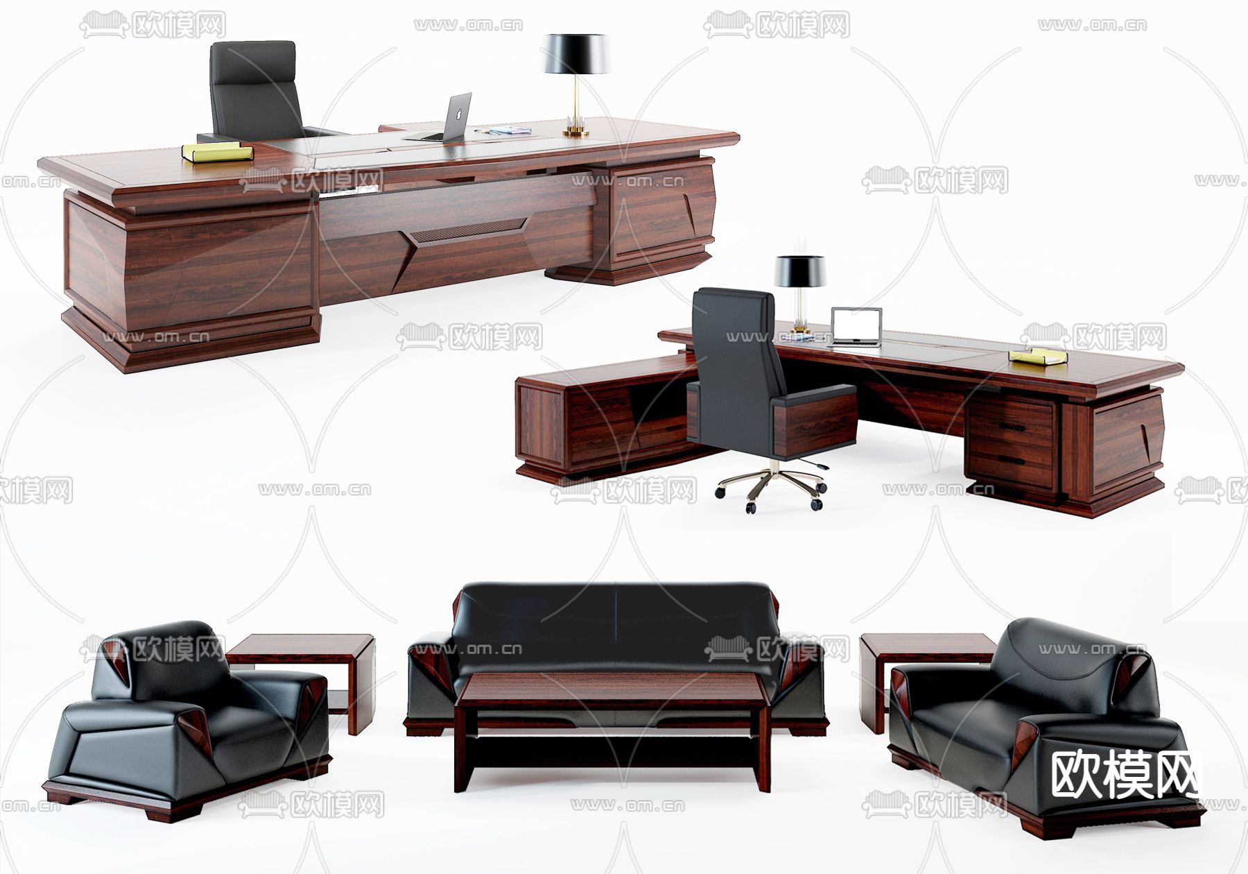 新中式大班台桌椅办公沙发3d模型下载