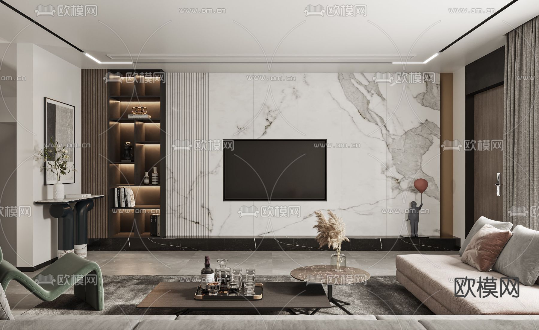 现代轻奢客厅餐厅3d模型下载（渲染图3）