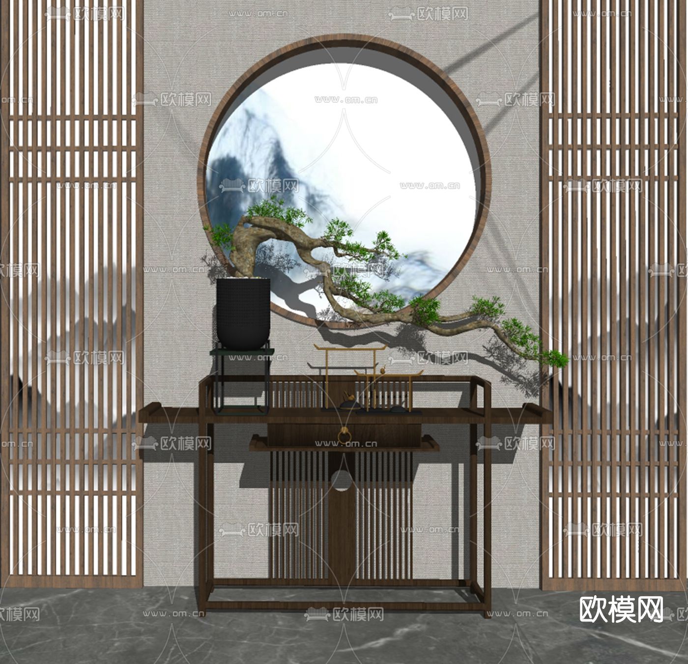 新中式端景台案su模型