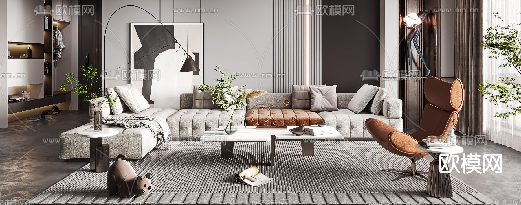 现代布艺转角沙发组合3d模型下载（渲染图2）