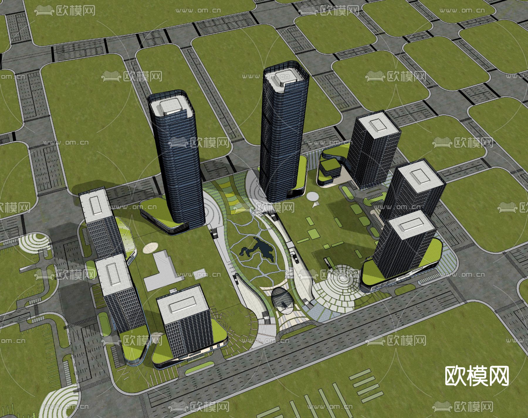 现代办公楼鸟瞰su模型下载（渲染图2）