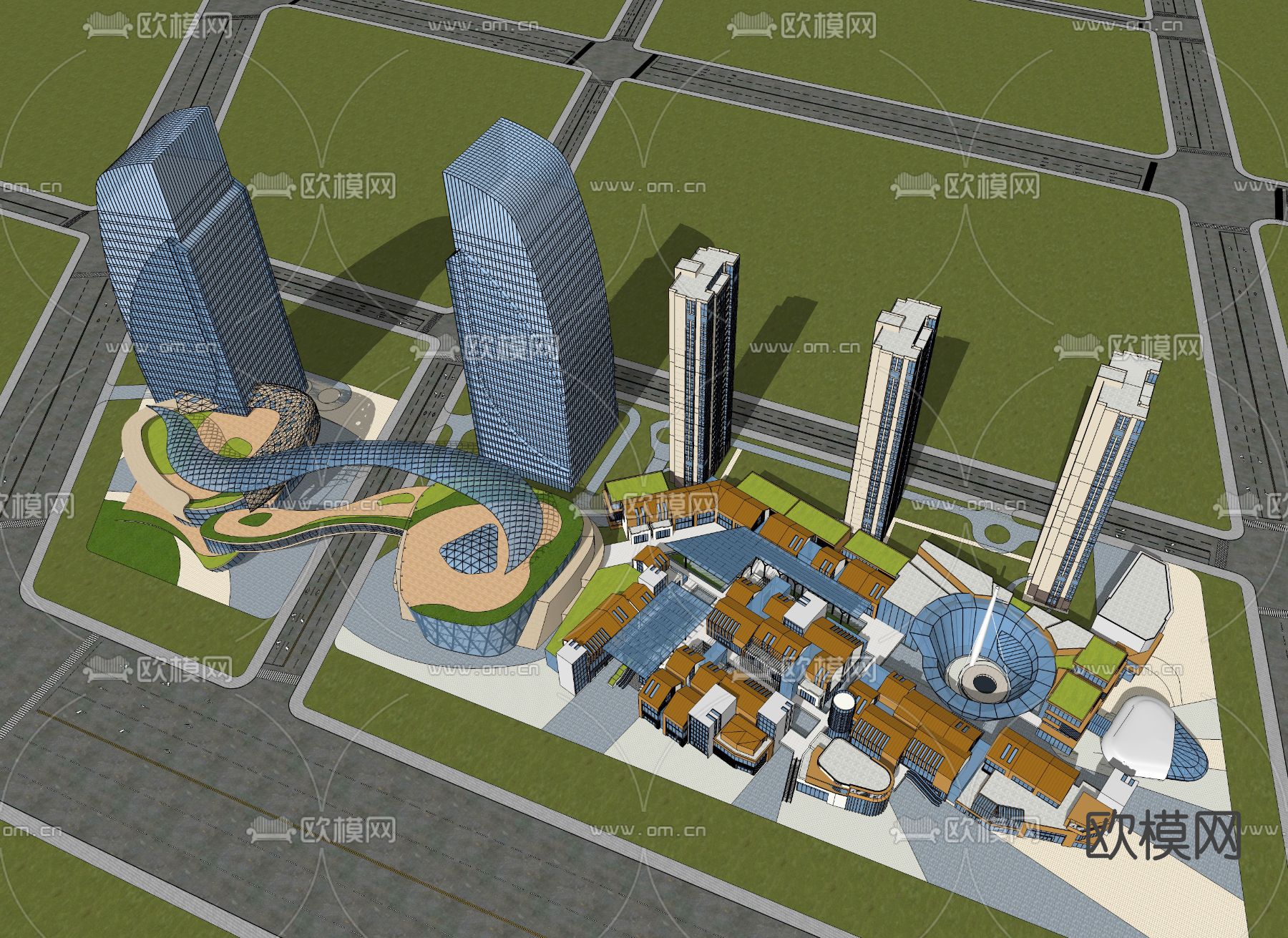 现代商业综合楼鸟瞰su模型下载（渲染图3）