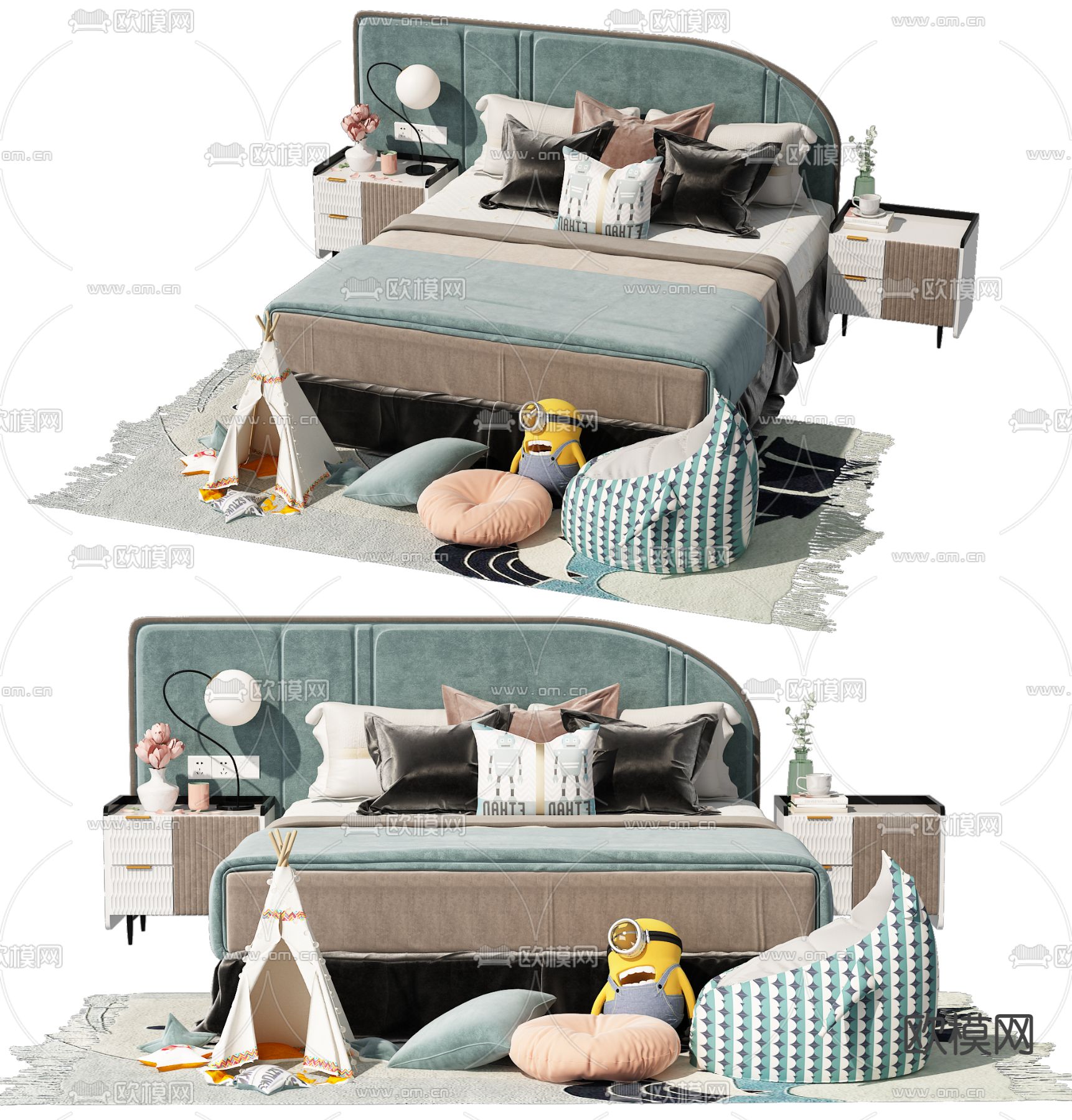 现代布艺双人床3d模型下载