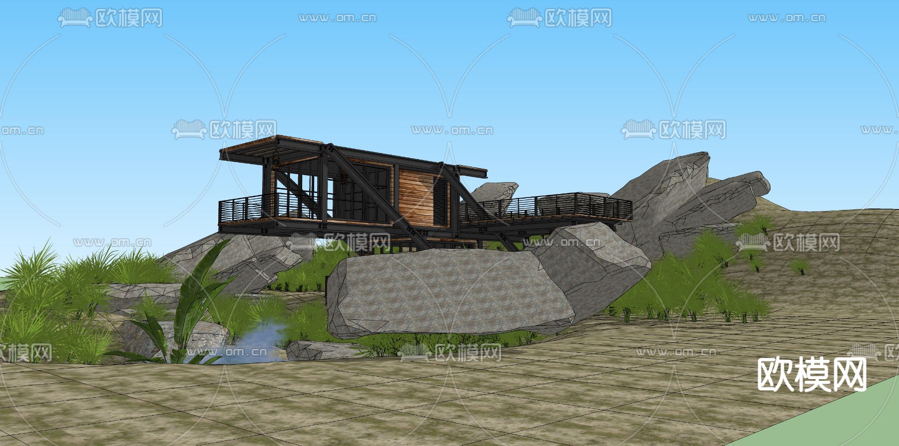 现代户外轻钢别墅su模型下载（渲染图2）