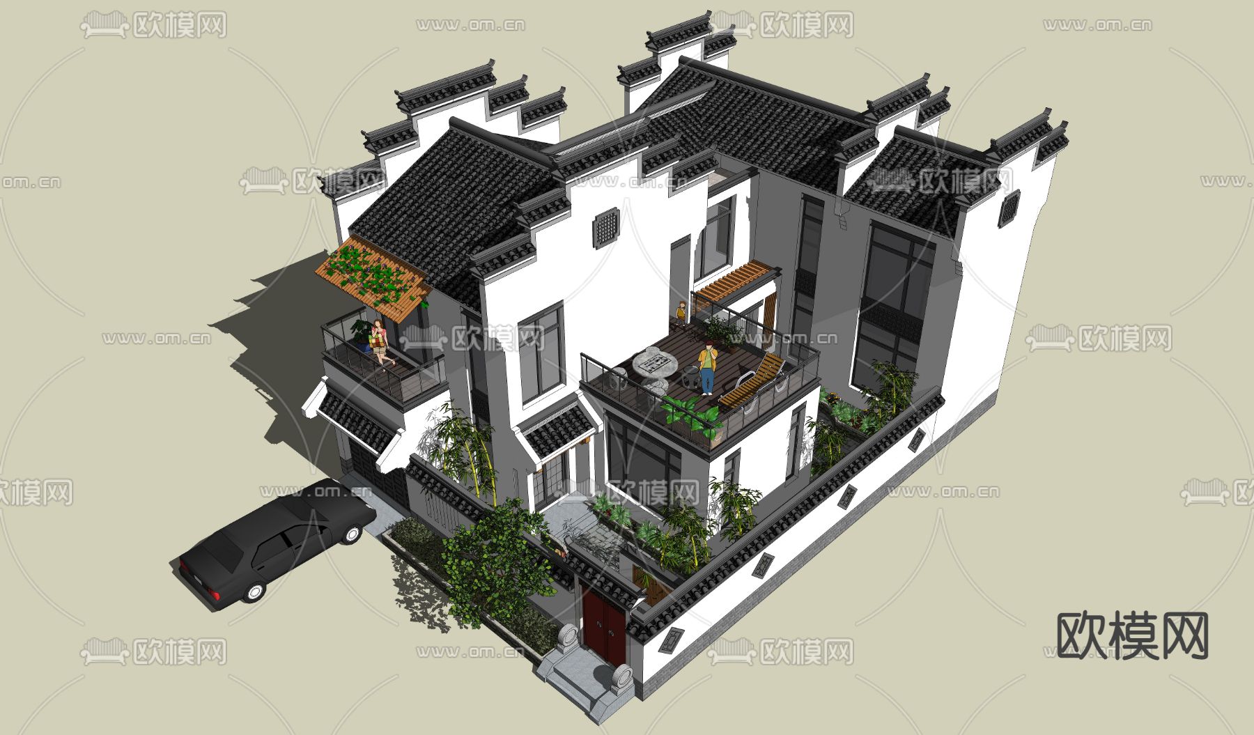 中式住宅建筑su模型下载（渲染图1）