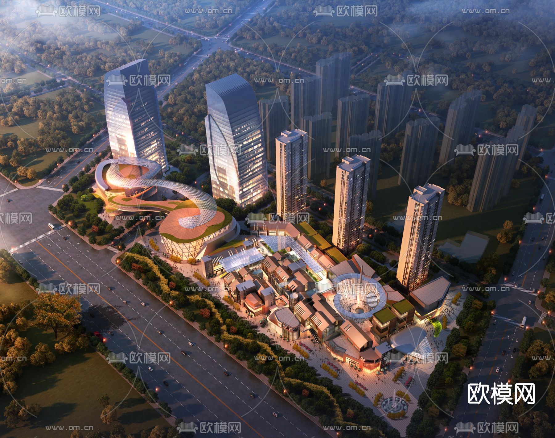 现代商业综合楼鸟瞰su模型下载（渲染图1）