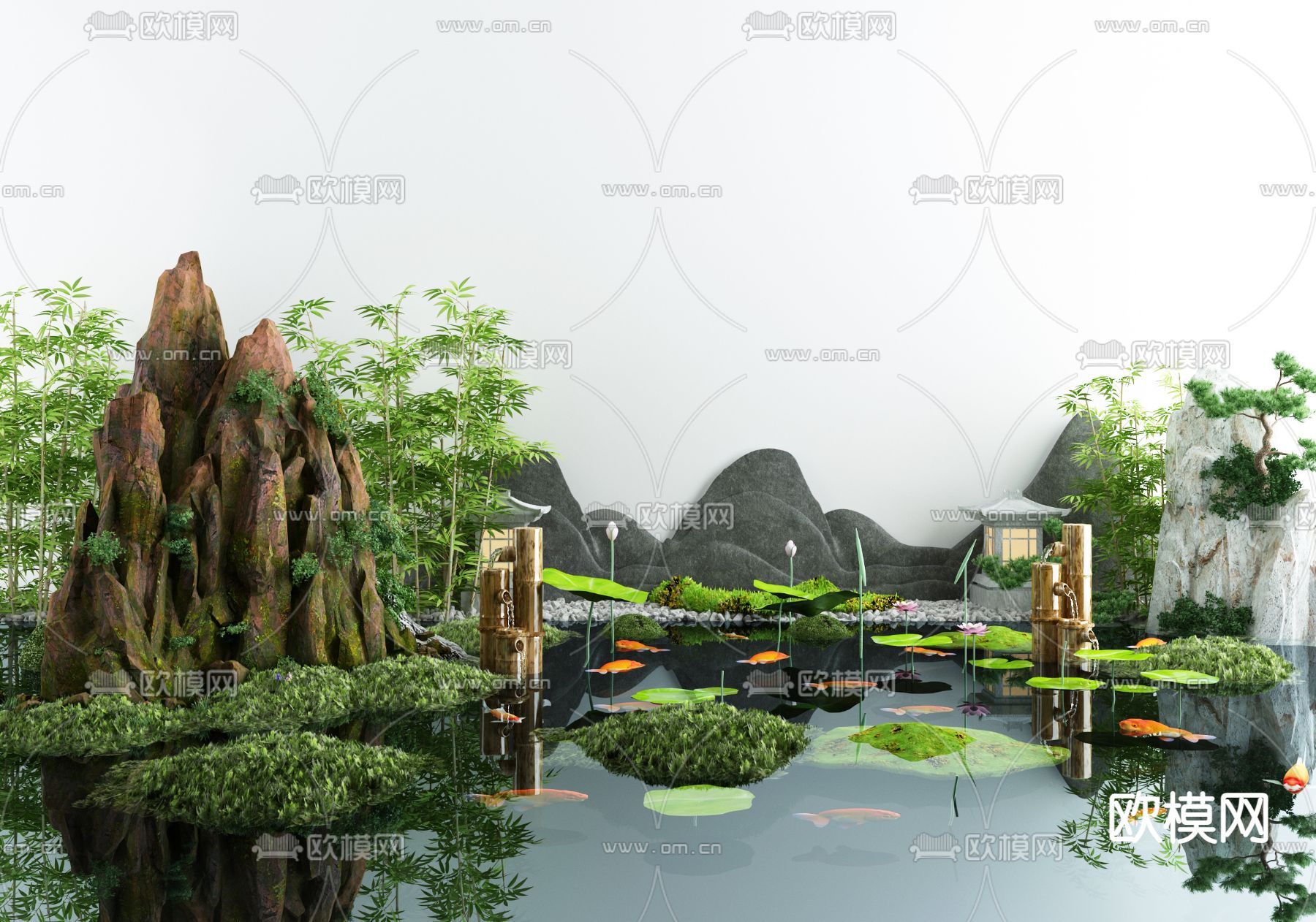 新中式假山鲤鱼池小品3d模型下载