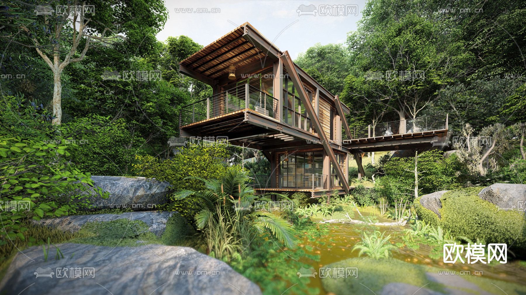 现代户外轻钢别墅su模型下载（渲染图3）