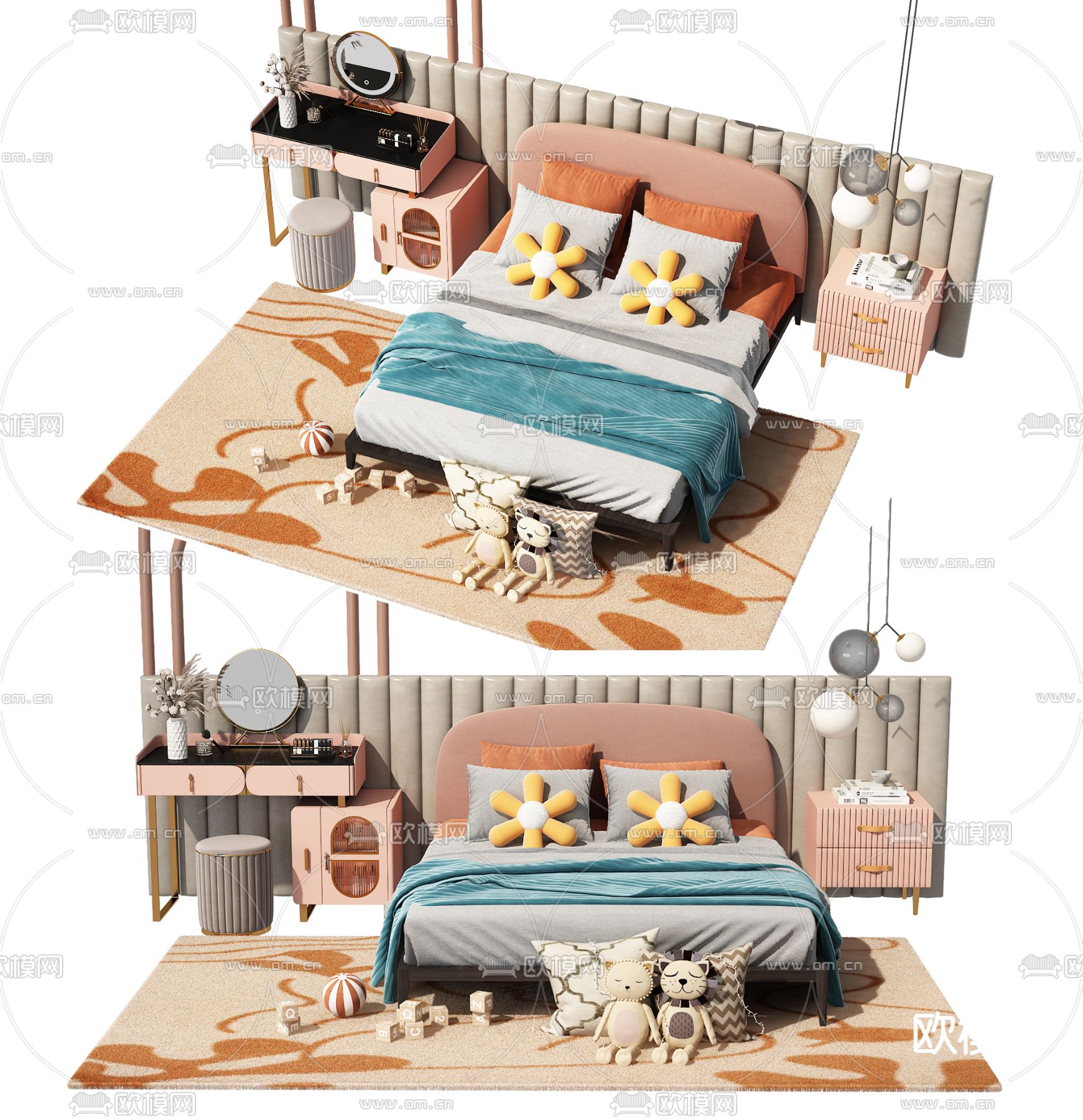现代儿童床梳妆台组合3d模型下载