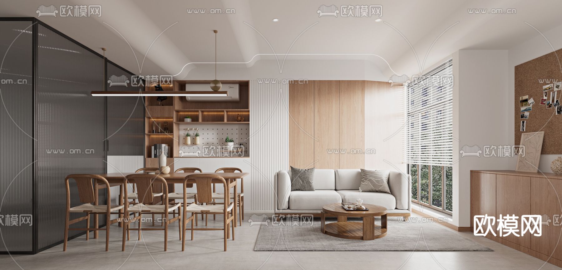 日式客厅餐厅3d模型下载（渲染图1）