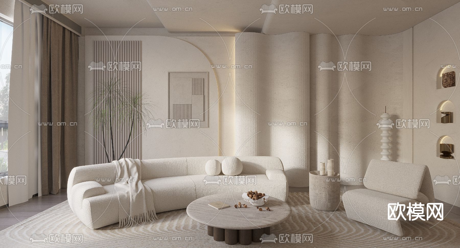 侘寂布艺弧形沙发组合3d模型下载（渲染图1）