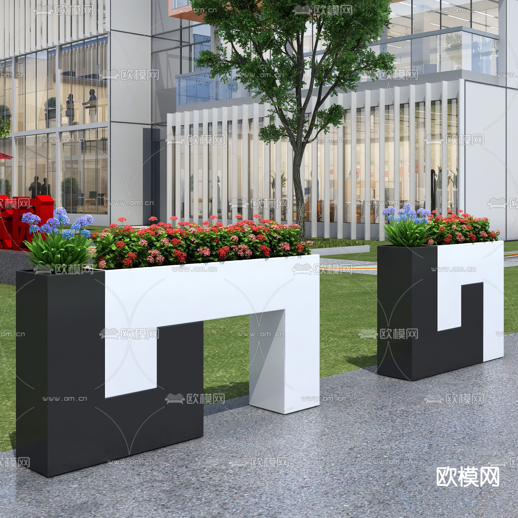 现代花箱植物盆景3d模型下载（渲染图1）