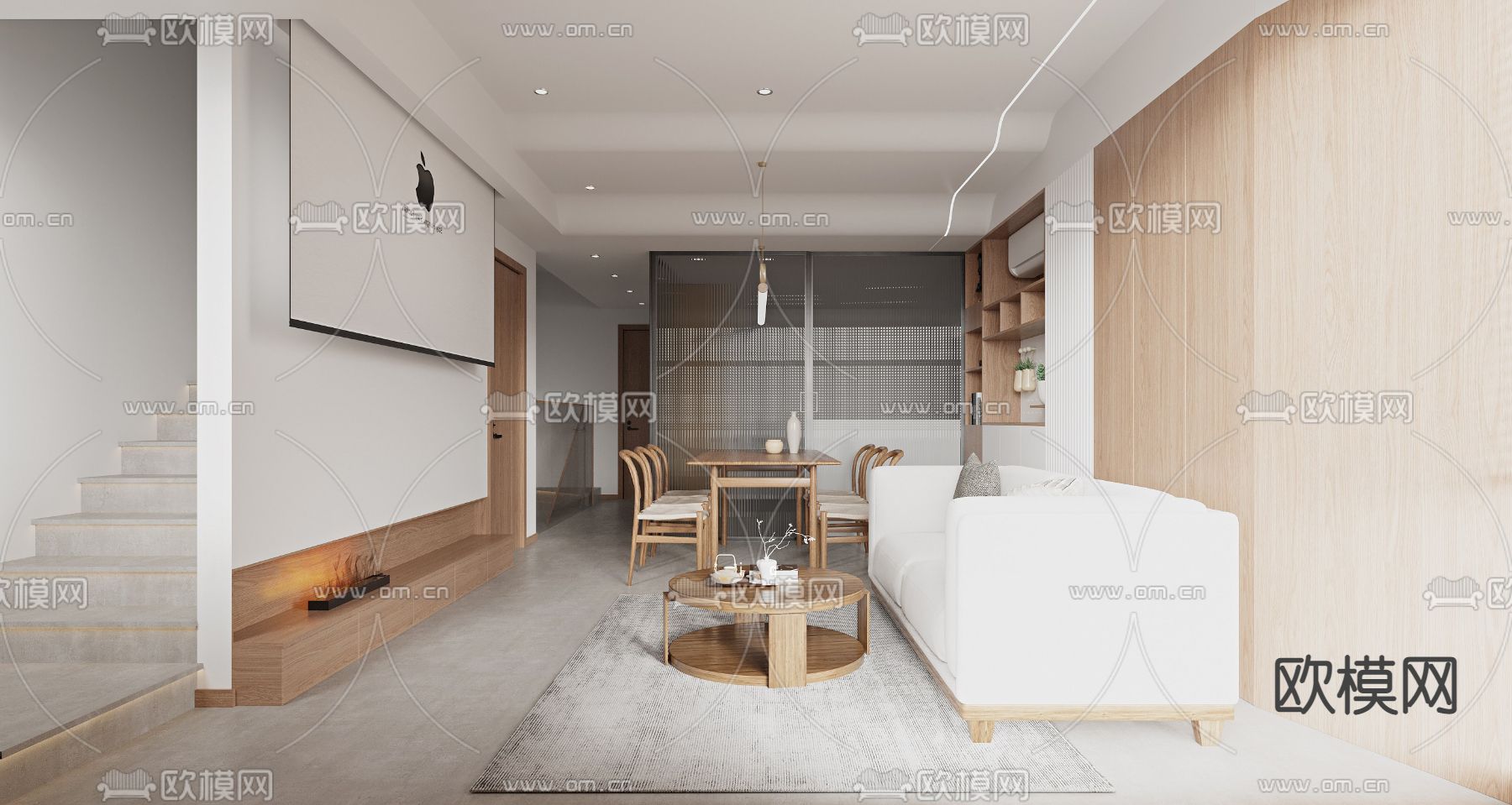 日式客厅餐厅3d模型下载（渲染图2）