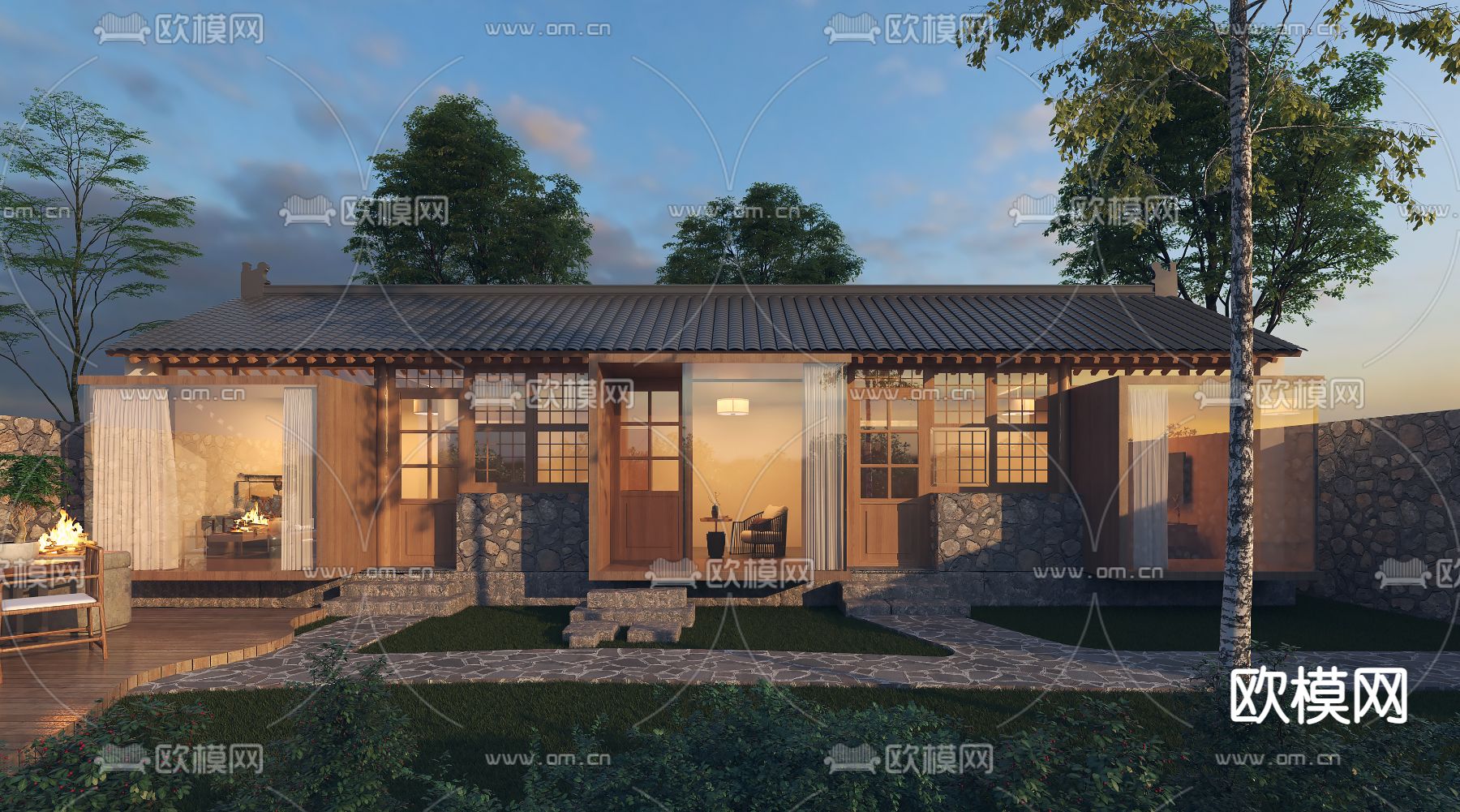 中式乡村民宿外观3d模型下载