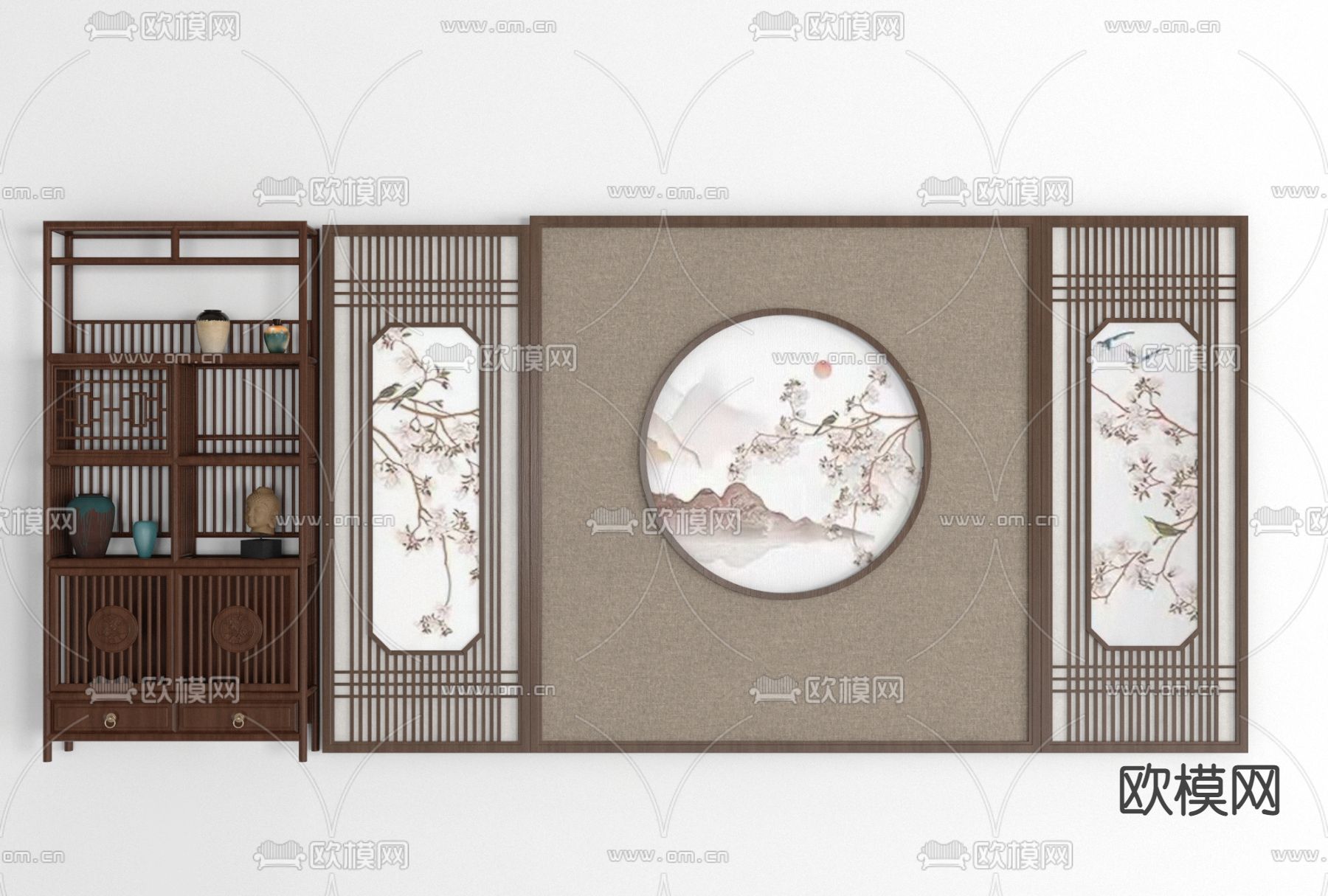 新中式电视背景墙免费3d模型下载