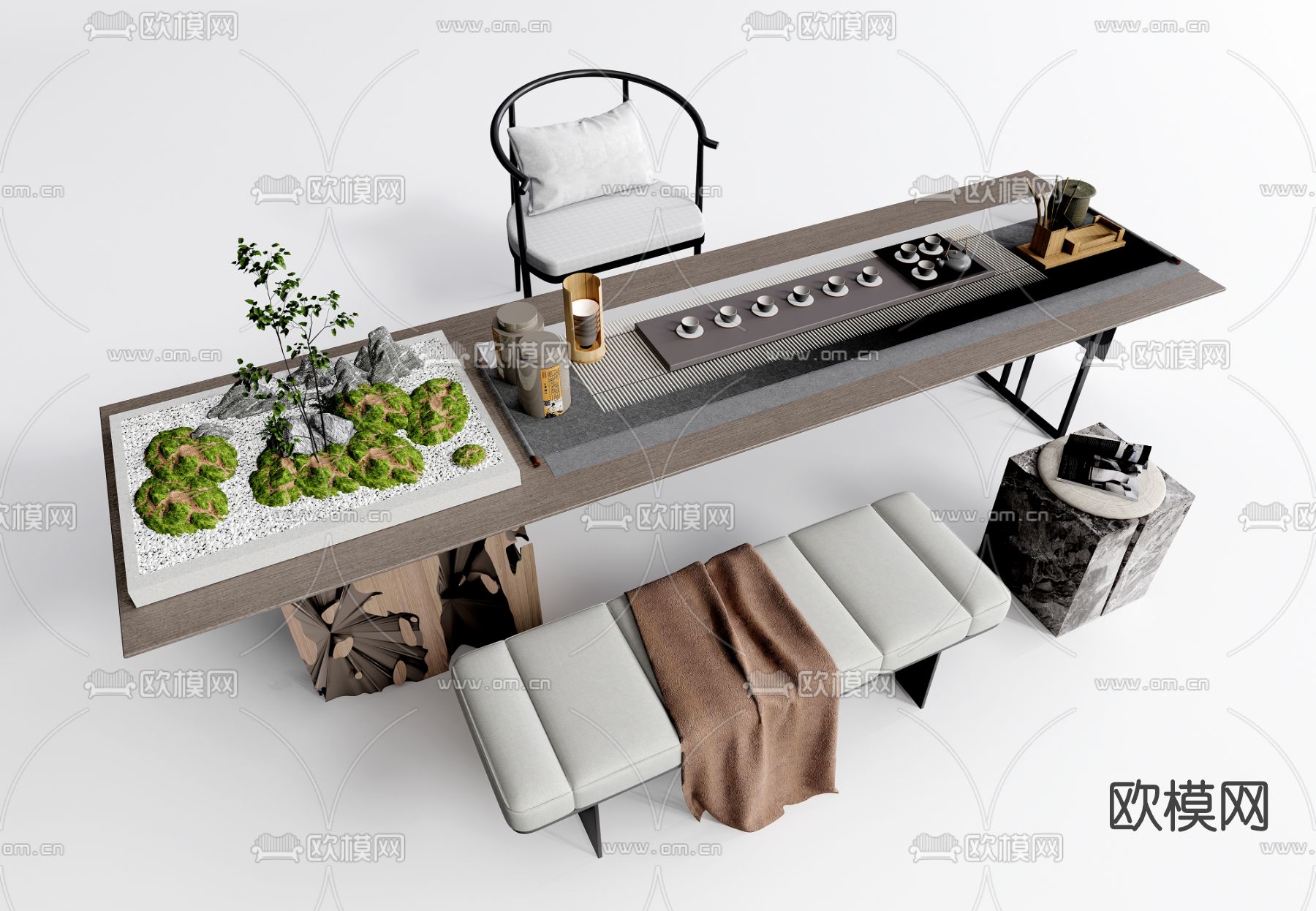 新中式茶桌椅su模型下载（渲染图1）
