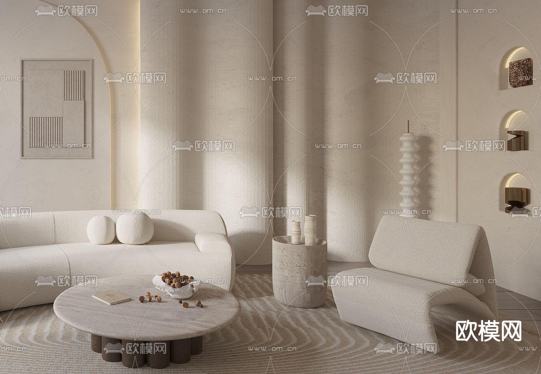 侘寂布艺弧形沙发组合3d模型下载（渲染图3）