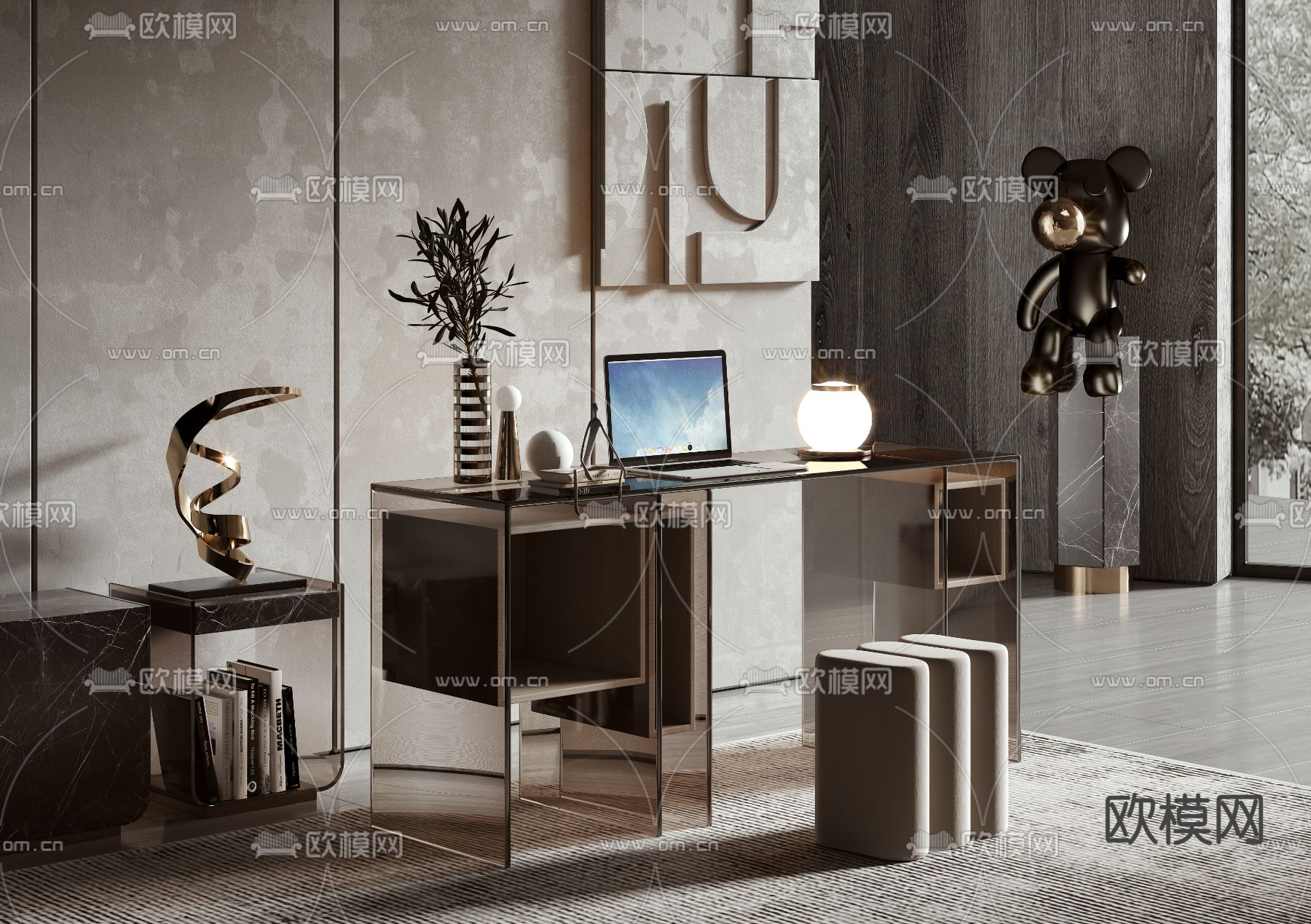 现代亚克力书桌椅3d模型