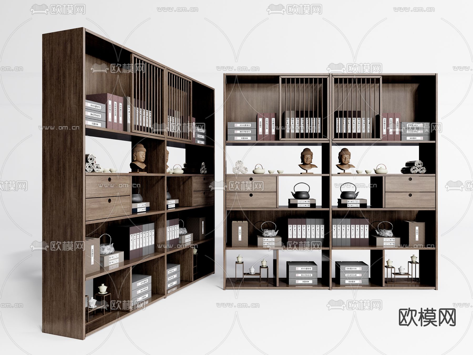 新中式实木书柜su模型下载（渲染图1）