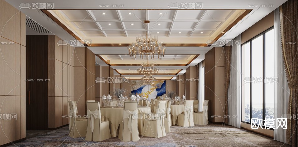 新中式酒店宴会厅3d模型下载