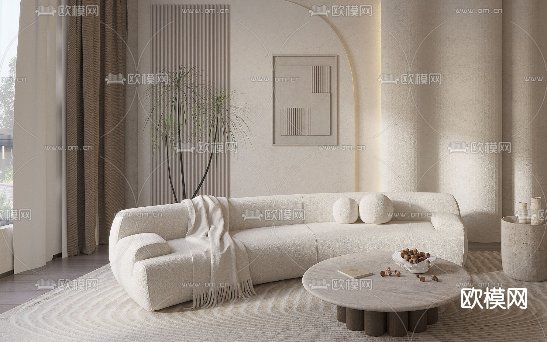 侘寂布艺弧形沙发组合3d模型下载（渲染图2）