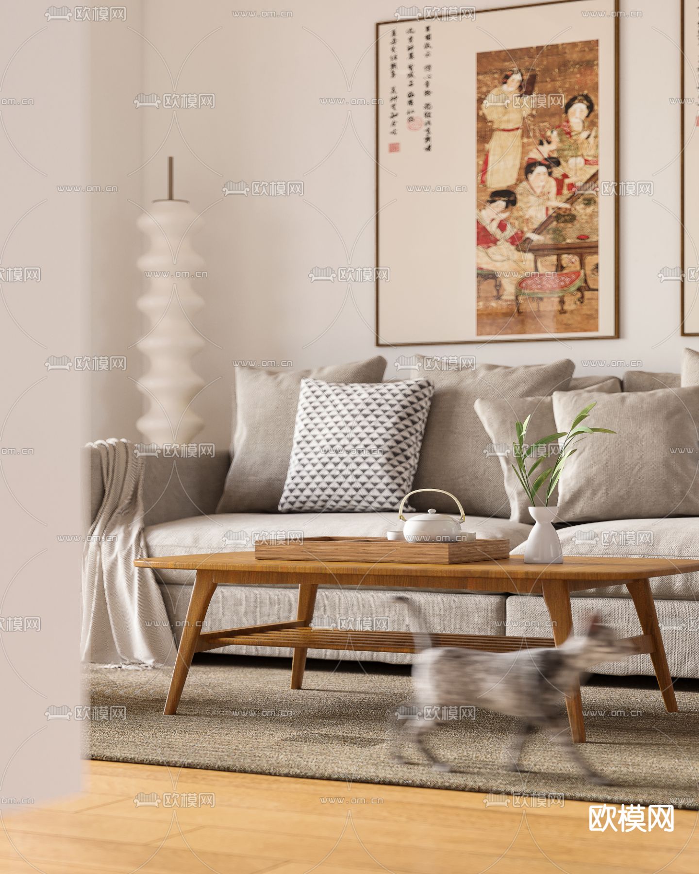 日式客厅餐厅3d模型下载（渲染图3）