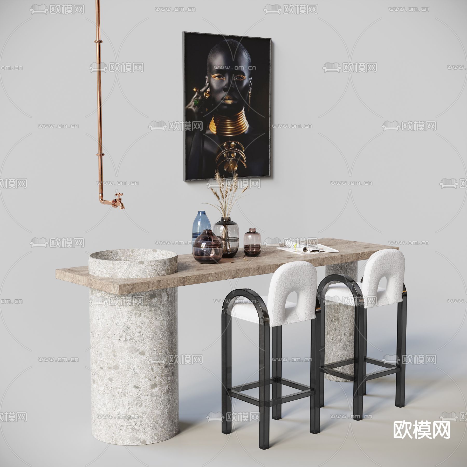 侘寂风吧台吧椅3d模型下载