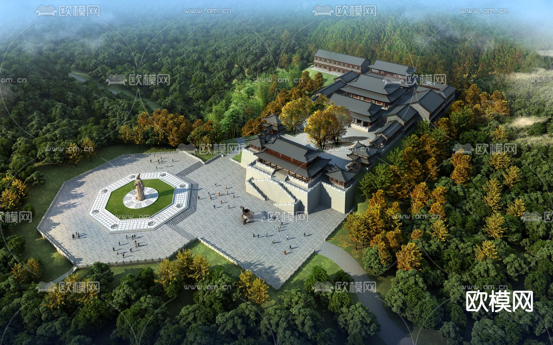 现代古建道观寺庙夜景鸟瞰3d模型